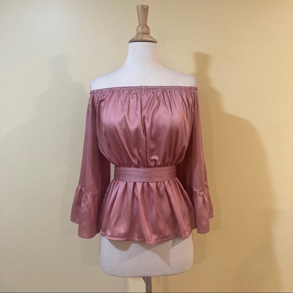 Off Shoulder Mauve Satin Tie Waist Blouse - Picture 4 of 6